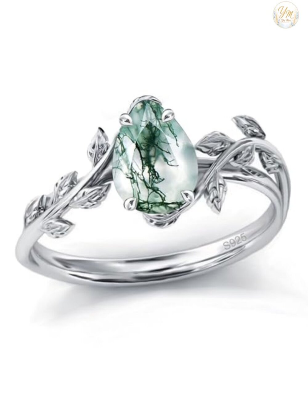 Natural Moss Agate Engagement Ring 925 Sterling Silver Pear Solitaire Size 7